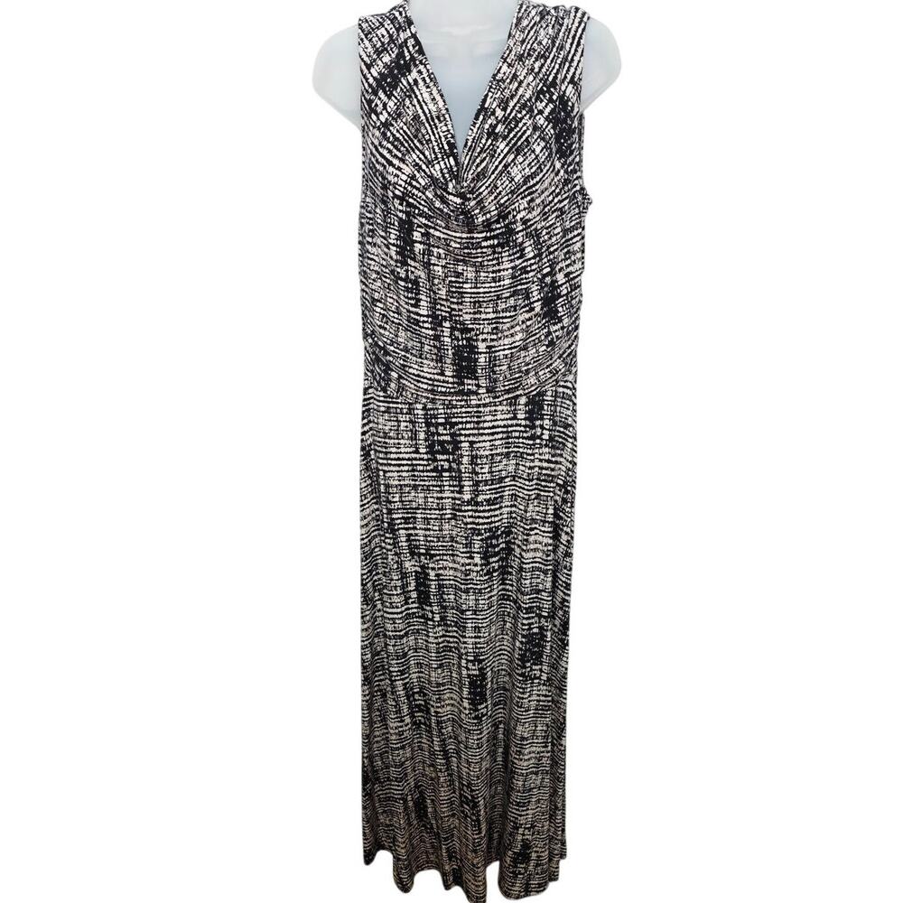 Calvin Klein Sleeveless V neck Maxi Dress Women's M Black Pink Abstract Print
